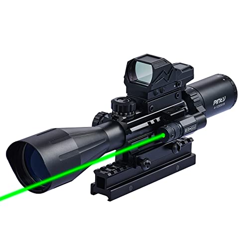 Pinty Rifle Scope 4-12x50 with 4MOA Red Dot Sight & Green Laser for 20mm Picatinny or Weaver Rail Long Guns and Handguns, RG Illuminated Rangefinder Scope Combo for Airsoft Pellet Guns Pistols Rifles