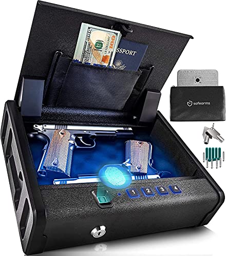 SafeArms Biometric Gun Safe Gun Safes for Pistols 2 Pistol Safe Quick Access Biometric Handgun Safe for Nightstand Biometric Safe Fingerprint Gun Safe for Pistols Biometric Gun Safe for Handgun Fingerprint